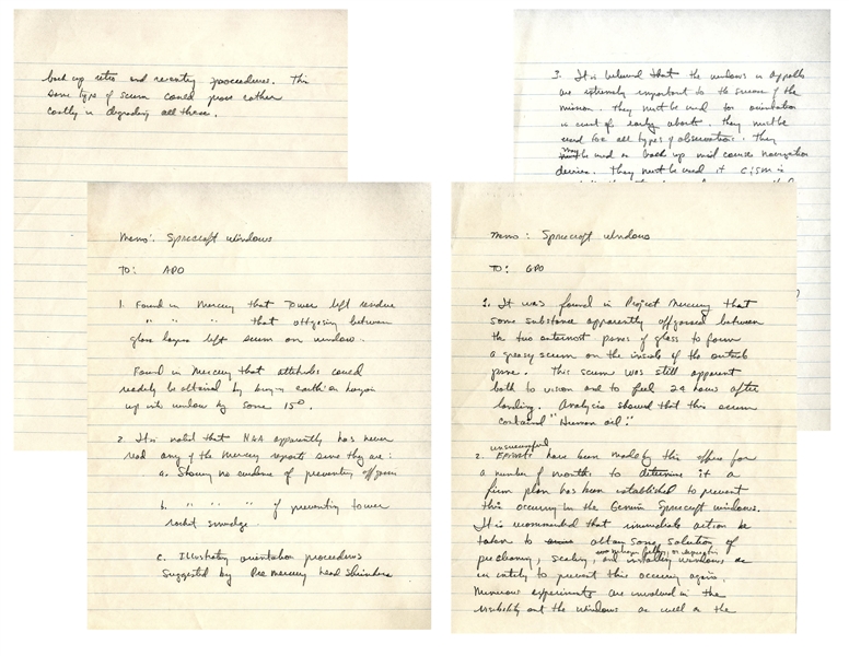 Gordon Cooper Handwritten Memos From Circa 1964 Regarding Spacecraft Windows -- Cooper Warns NASA of Possible Dangers During the Gemini & Apollo Missions